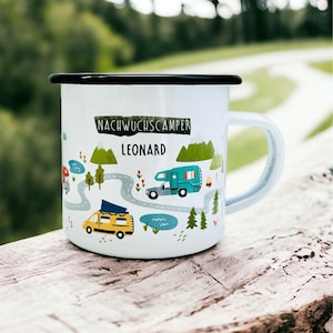 Kinder Emaille-Tasse personalisiertes Geschenk, Campingbecher Emaille, Geschenk für Camper, Camping Zubehör, Wohnmobiltasse