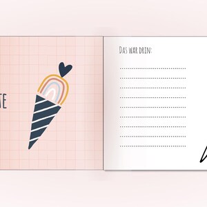 May include: A two-page spread from a book featuring a light pink grid background on the left with the text "Meine SCHULT&Uuml;TE" and a colorful cone illustration. The right page is white with the text "DAS WAR DRIN:", lines, and a black outline of a cone.