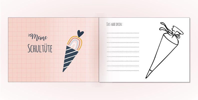May include: A two-page spread from a book featuring a light pink grid background on the left with the text "Meine SCHULT&Uuml;TE" and a colorful cone illustration. The right page is white with the text "DAS WAR DRIN:", lines, and a black outline of a cone.