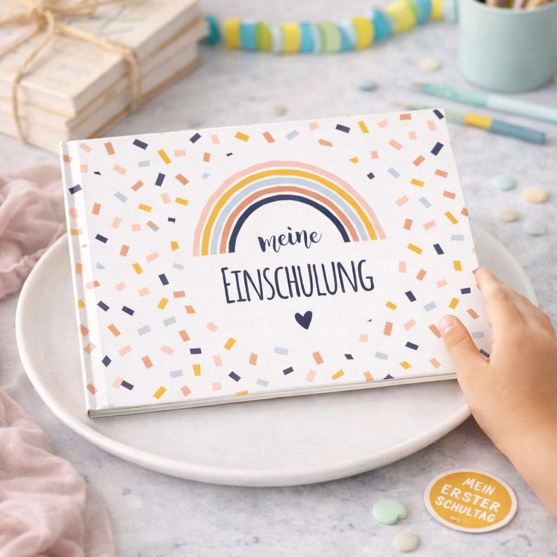 May include: A rectangular book with a white cover featuring a colorful rainbow graphic, scattered confetti-like shapes in orange, blue, and yellow, and the text "meine EINSCHULUNG" in dark blue lettering with a small heart icon below the text.