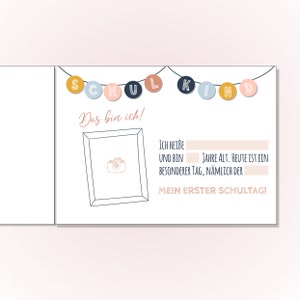 May include: A white rectangular card featuring a bunting banner with the text SCHUL KIND in colorful circles. Below, the text Das bin ich! sits next to a drawn picture frame with a camera icon, and fill-in-the-blank lines with German text.