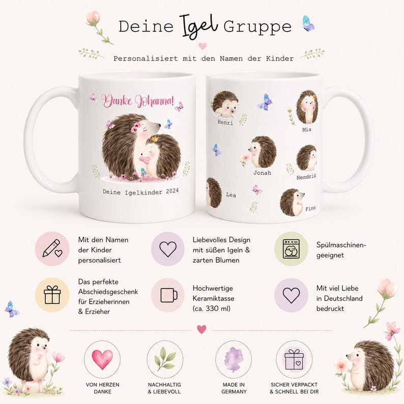Op de afbeelding: Witte keramische mokken met egel illustraties en tekst. E&eacute;n mok zegt "Danke Johanna!" en "Deine Igelkinder 2024". De andere mok heeft namen als "Henri" en "Mia". De mokken zijn gepersonaliseerd en vaatwasmachinebestendig.