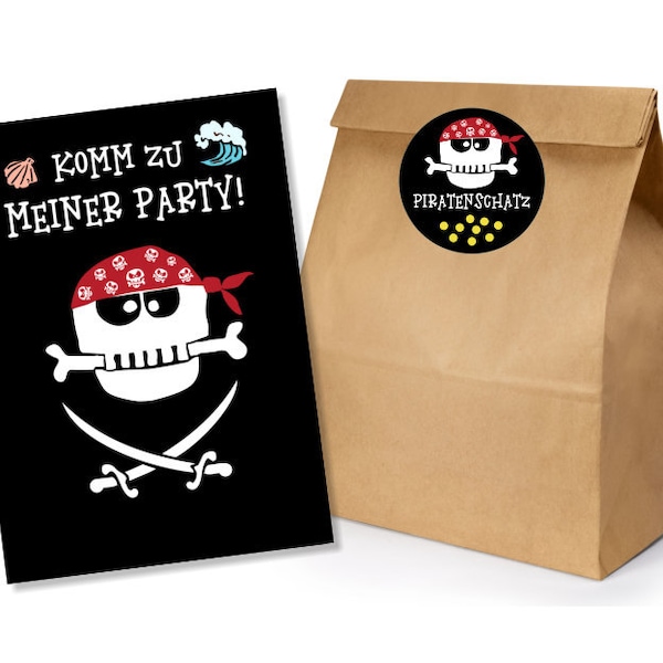 Ahoi, Landratten! Einladungskarten mit Piratenmotiv und Aufklebern für Kinderpartytaschen - 10er-Set
