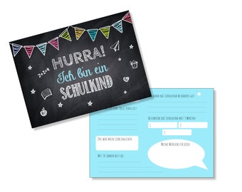 Guest card for school enrolment Hurray I am a schoolchild Blackboard Design Blue