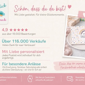 Peut inclure: Image promotionnelle avec texte et graphiques. L'image comprend une bo&icirc;te avec un motif arc-en-ciel et les mots "meine Einschulung". D'autres textes incluent "Kinds Gl&uuml;ck" et "by weddingtree.de".