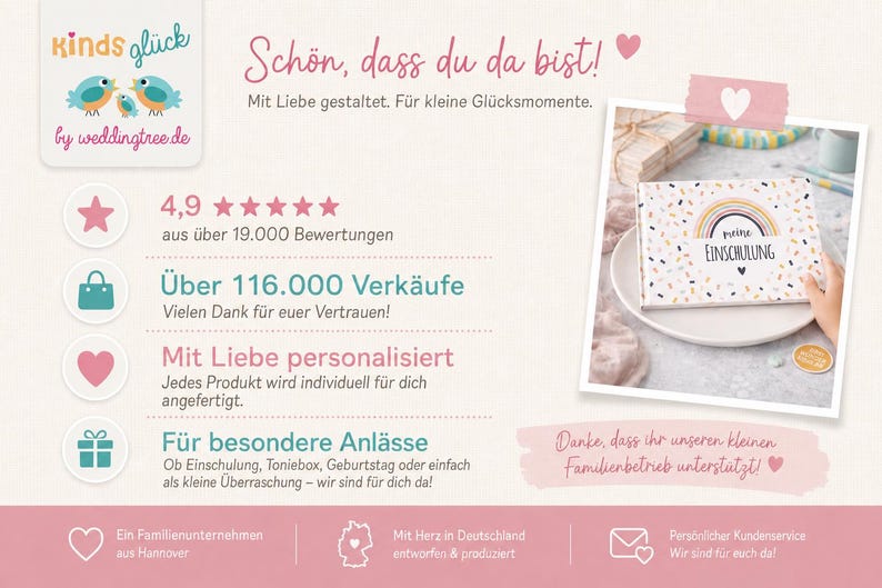 Peut inclure: Image promotionnelle avec texte et graphiques. L'image comprend une bo&icirc;te avec un motif arc-en-ciel et les mots "meine Einschulung". D'autres textes incluent "Kinds Gl&uuml;ck" et "by weddingtree.de".