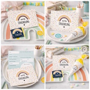 May include: A collection of school-themed stationery featuring a card with a rainbow and the text 'meine EINSCHULUNG', a small rectangular chocolate wrapper labeled 'SCHULKIND', a cone-shaped gift bag, and a light blue information card with text.