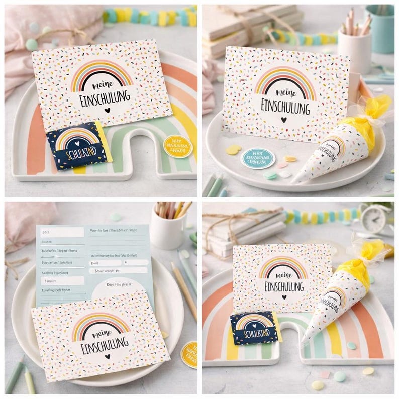 May include: A collection of school-themed stationery featuring a card with a rainbow and the text 'meine EINSCHULUNG', a small rectangular chocolate wrapper labeled 'SCHULKIND', a cone-shaped gift bag, and a light blue information card with text.