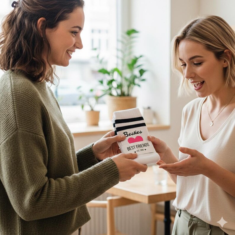 Puede incluir: Un par de calcetines blancos con rayas negras y las palabras "Besties" y "Best Friends" impresas. Los calcetines tienen un dise&ntilde;o de coraz&oacute;n rosa y son sostenidos por una persona.