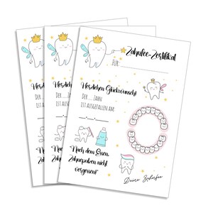 Puede incluir: Un certificado de hada de los dientes imprimible con una linda ilustraci&oacute;n de hada de los dientes, un gr&aacute;fico para rastrear los dientes perdidos y el texto "Zahnfee-Zertifikat" y "Herzlichen Gl&uuml;ckwunsch!"
