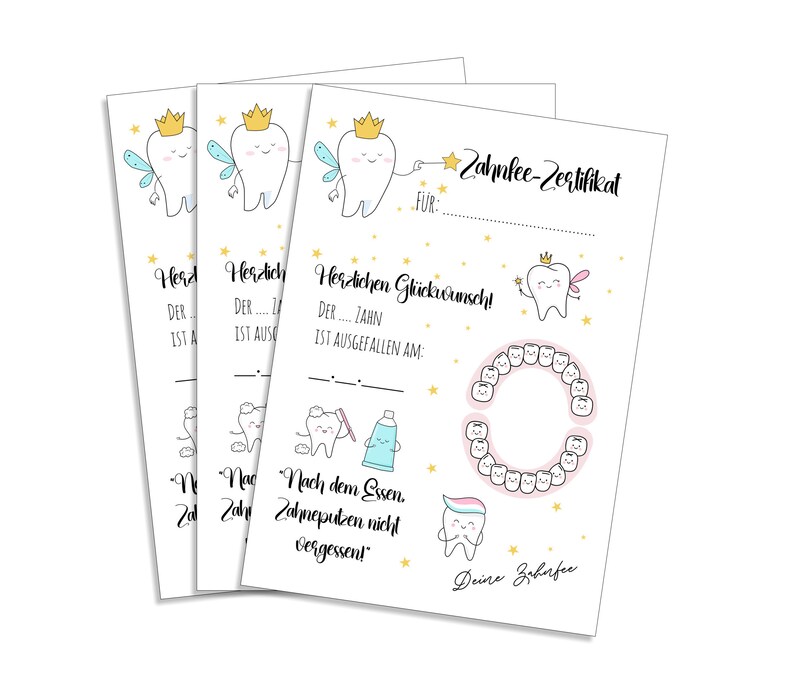 Puede incluir: Un certificado de hada de los dientes imprimible con una linda ilustraci&oacute;n de hada de los dientes, un gr&aacute;fico para rastrear los dientes perdidos y el texto "Zahnfee-Zertifikat" y "Herzlichen Gl&uuml;ckwunsch!"