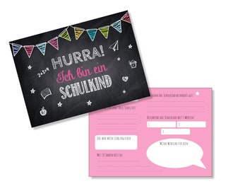 Guest card for school enrolment Hurray I am a schoolchild Blackboard design Pink