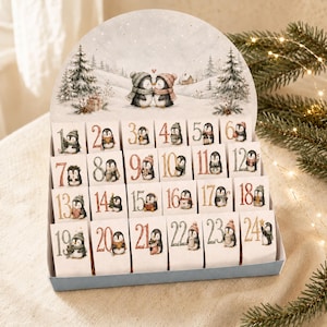 Può includere: Un calendario dell'avvento in cartone con ventiquattro scomparti numerati. Il pannello superiore mostra due pinguini con cappelli e sciarpe invernali in un paesaggio innevato. Ogni scomparto è decorato con un'illustrazione di un pinguino.