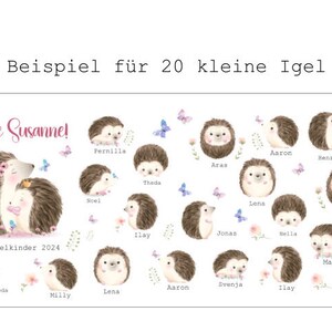 Op de afbeelding: Waterverfillustratie met egels en vlinders. De afbeelding bevat de tekst "Danke Susanne!" en "Deine Igelkinder 2024", samen met namen als "Pernilla", "Aaron" en "Otto".