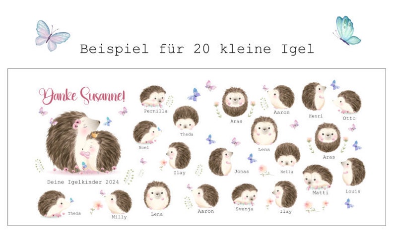 Op de afbeelding: Waterverfillustratie met egels en vlinders. De afbeelding bevat de tekst "Danke Susanne!" en "Deine Igelkinder 2024", samen met namen als "Pernilla", "Aaron" en "Otto".