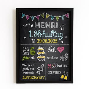 Peut inclure: Un tableau noir encadr&eacute; avec des dessins &agrave; la craie color&eacute;s. Le tableau pr&eacute;sente le nom "HENRI", la date "29.08.2025" et les mots "1. Schultag". Il comprend &eacute;galement des dessins d'un g&acirc;teau, d'une fus&eacute;e et d'un c&oelig;ur.