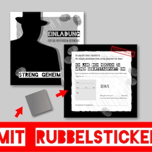 Kindergeburtstag Einladung 10er SET DETEKTIV, quadratisch, mit Rubbelsticker