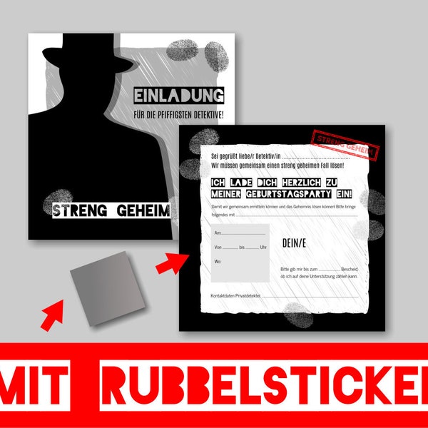 Kindergeburtstag Einladung 10er SET DETEKTIV, quadratisch, mit Rubbelsticker