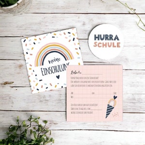 Einladungskarten zur Einschulung  Hurra ich bin ein Schulkind Regenbogen Konfetti