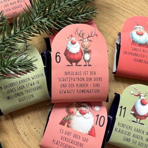 Könnte beinhalten: Adventskalender mit rosa und grünen Karten mit Illustrationen von Weihnachtsmann und Rentieren. Die Karten haben Zahlen und deutschen Text. Ein Zweig aus immergrünen Pflanzen verleiht der Anordnung eine festliche Note.