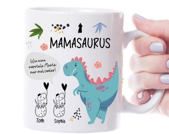 Mamasaurus Kaffeetasse personalisiert mit Kindernamen. Geschenk zum Muttertag