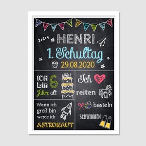 Peut inclure: Un tableau noir avec le nom "HENRI" et la date "29.08.2020" en lettrage &agrave; la craie color&eacute;e. Le tableau comprend des dessins de g&acirc;teau, de fus&eacute;e et d'autres illustrations, avec du texte en allemand.
