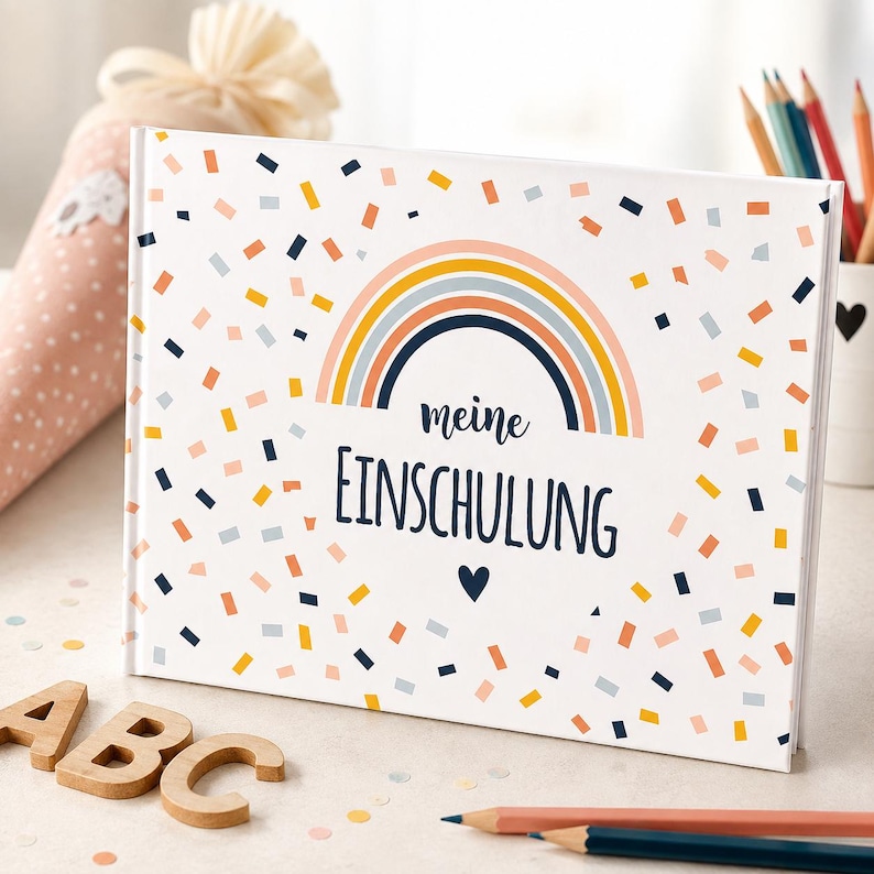 May include: A rectangular book with a white cover featuring a colorful rainbow graphic, scattered confetti patterns in orange, blue, and yellow, and the text "meine EINSCHULUNG" in dark blue script and block lettering with a small heart icon below.