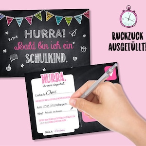 Einladungskarten zur Einschulung Hurra bald bin ich ein Schulkind Tafeloptik Pink
