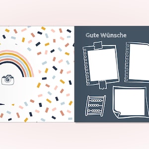 May include: A two-page spread featuring a white left side with a colorful confetti pattern, a central rainbow, and a small camera icon. The right side is dark blue with the text "Gute W&uuml;nsche" and five white outlined frames, an abacus, and a pencil.