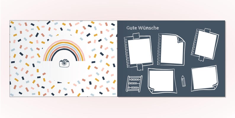 May include: A two-page spread featuring a white left side with a colorful confetti pattern, a central rainbow, and a small camera icon. The right side is dark blue with the text "Gute W&uuml;nsche" and five white outlined frames, an abacus, and a pencil.