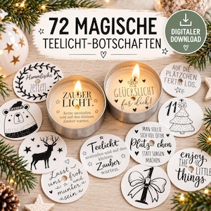 Può includere: Un set di 72 dischi di carta per lumini con testo e illustrazioni stampate in nero. Due lumini accesi mostrano dei messaggi. I disegni includono un orso, un cervo, un albero di Natale e varie frasi a tema natalizio.