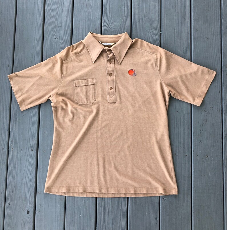Vintage 1980s Cleveland Browns helmet logo short sleeve polo--tan--size Large