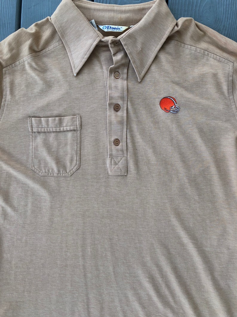 Vintage 1980s Cleveland Browns helmet logo short sleeve polo--tan--size Large