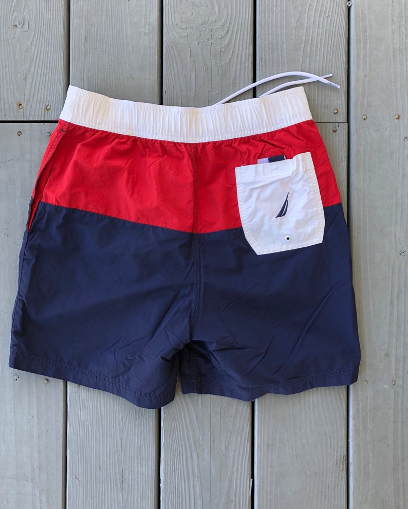 Nautica red white and blue drawstring swim trunks--size Small