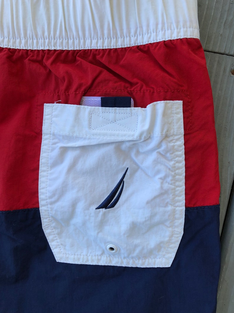 Nautica red white and blue drawstring swim trunks--size Small