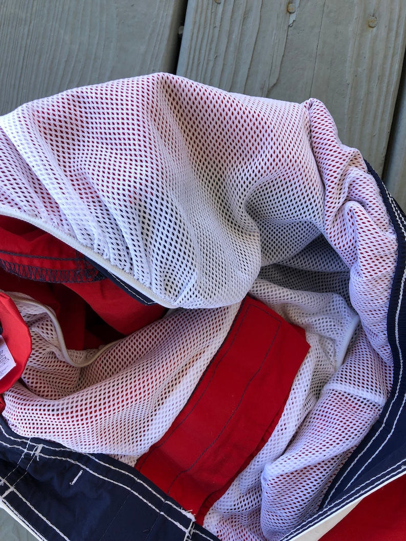 Nautica red white and blue drawstring swim trunks--size Small