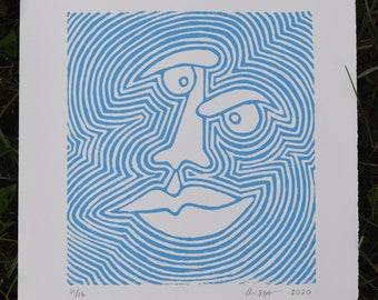 Blue Abstract Face Linocut Print