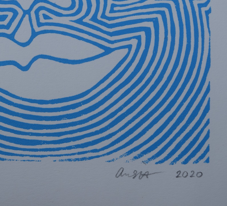 Blue Abstract Face Linocut Print