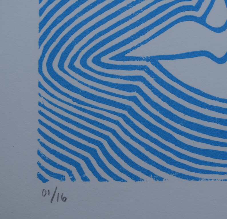 Blue Abstract Face Linocut Print