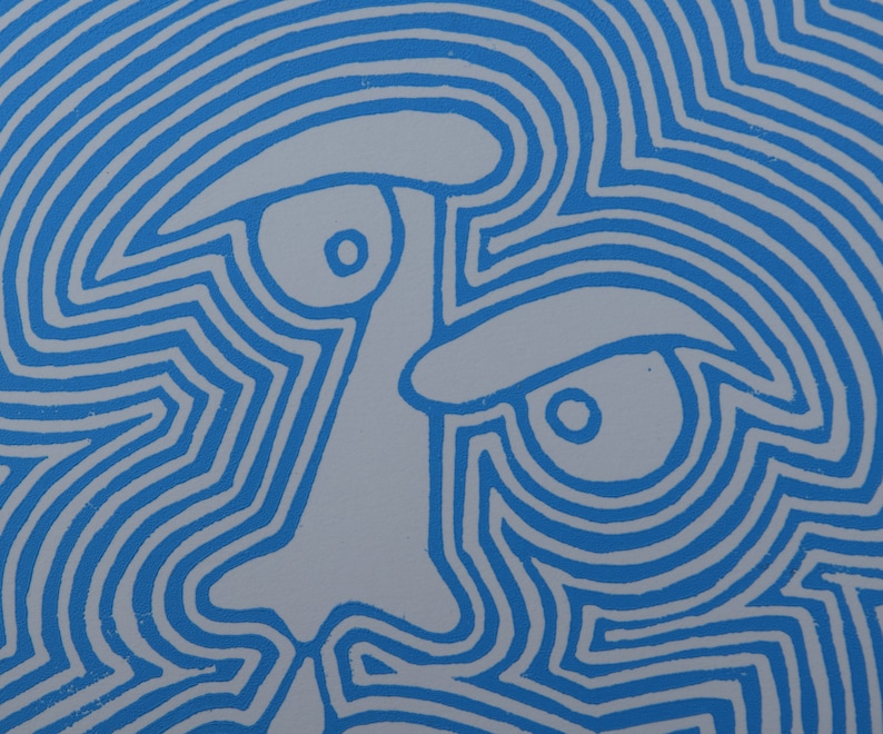Blue Abstract Face Linocut Print