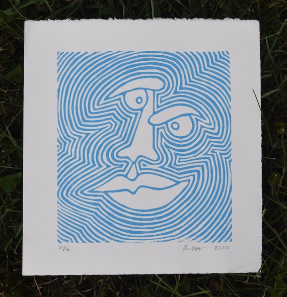 Blue Abstract Face Linocut Print