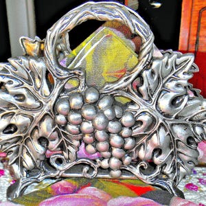 Unique Four Footed Vintage Pewter Napkin Holder...Grapes, Leaves And Vine Design, Open Handles