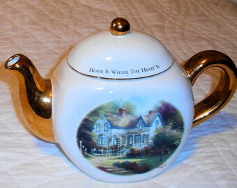 Thomas Kinkade < Painter of Light Teapot..."Home Is Where The Heart Is "...Lots of Gilded Gold ..Made in Phillipines