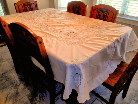 Beautiful Oval Tablecloth Lite Cream With Lots of Lite Taupe Colored Embroidery...Scalloped Edge