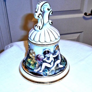 Beautiful Vintage Large CAPODIMONTE Bell With Raised Cherubs...Gold Trim...Seal With The Letter &quot;N &quot;