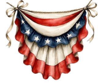 Patriotic Watercolor Bunting Clipart, USA Flag Banner PNG Set
