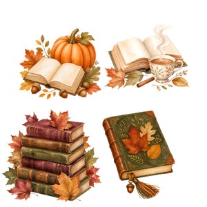 May include: A collection of four autumn-themed illustrations featuring an open book with a pumpkin and acorns, a steaming cup of tea with an open book and leaves, a stack of five vintage books with maple leaves, and a closed green book with a tassel.