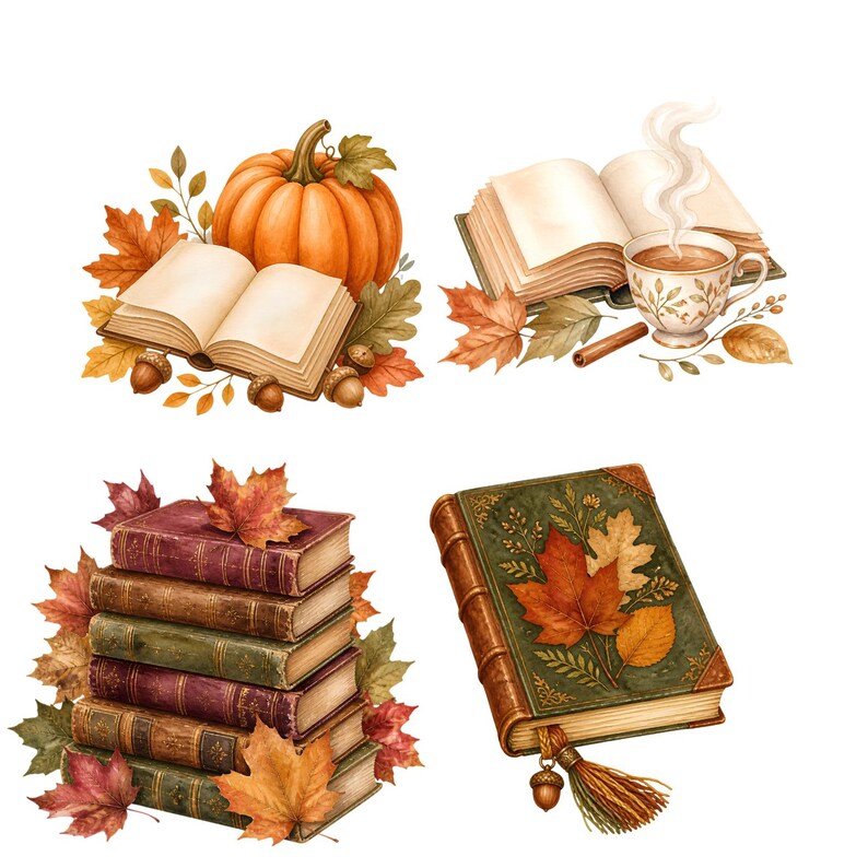 May include: A collection of four autumn-themed illustrations featuring an open book with a pumpkin and acorns, a steaming cup of tea with an open book and leaves, a stack of five vintage books with maple leaves, and a closed green book with a tassel.