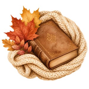 May include: A brown hardcover book with gold embossed detailing on the cover, nestled within a thick, cream-colored knitted yarn coil. A cluster of vibrant autumn leaves in shades of orange, red, and yellow rests against the side of the book.