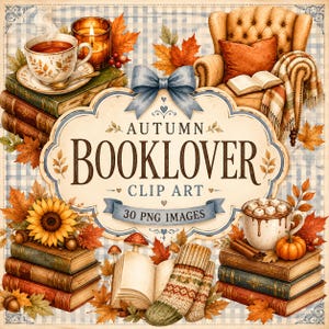Cozy Autumn Book Lover Clipart | Watercolor Books, Coffee, Fall Graphics (30 PNG Images) image 1